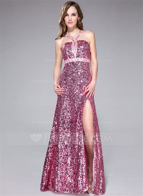 Trumpetmermaid V Neck Floor Length Sequined Prom Dress With Beading