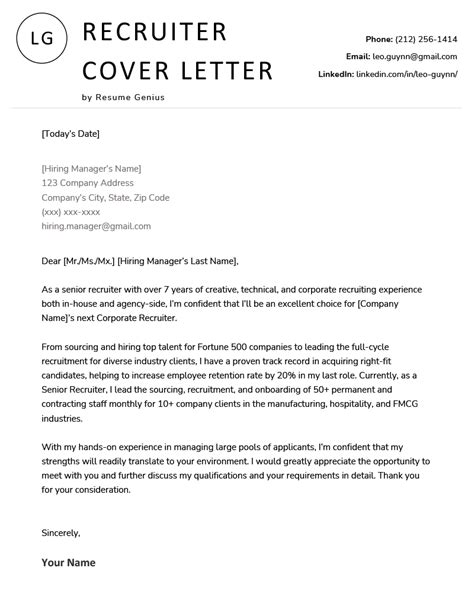 Recruiter Cover Letter Example And Template 2023