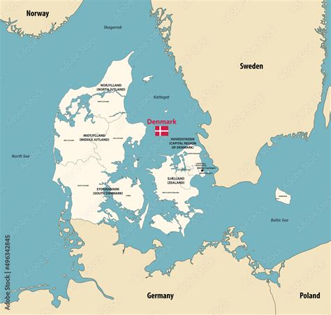 Denmark Regions Vector Map With Main Cities And With Neighbouring