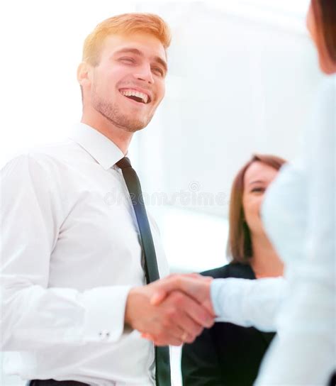 Funny Smiling Businessman Shaking Hands With His Partner Stock Image Image Of Female