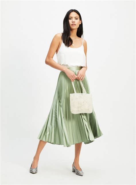 Green Sage Satin Pleated Skirt Skirts Apparel Miss Selfridge Us Green Pleated Skirt Outfit