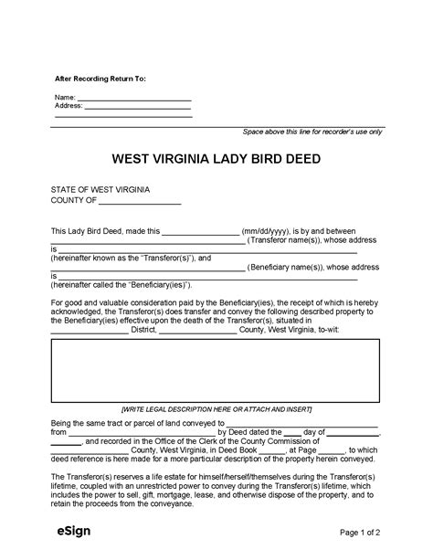 Free West Virginia Lady Bird Deed Form Pdf Word