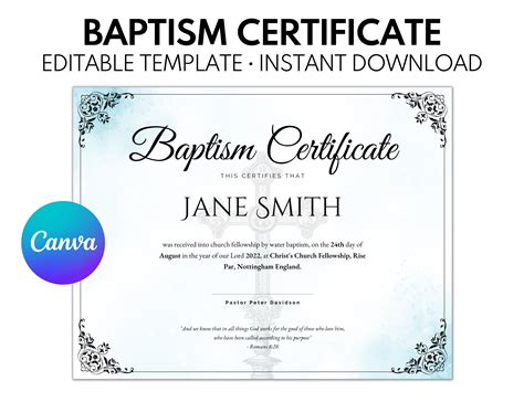 Editable Certificate Of Baptism Template Baptism Certificate Etsy