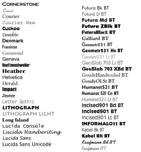 (a) hd/library/fonts, or (b) hd/library/fonts/microsoft/. Font list - so you can see what various fonts look like