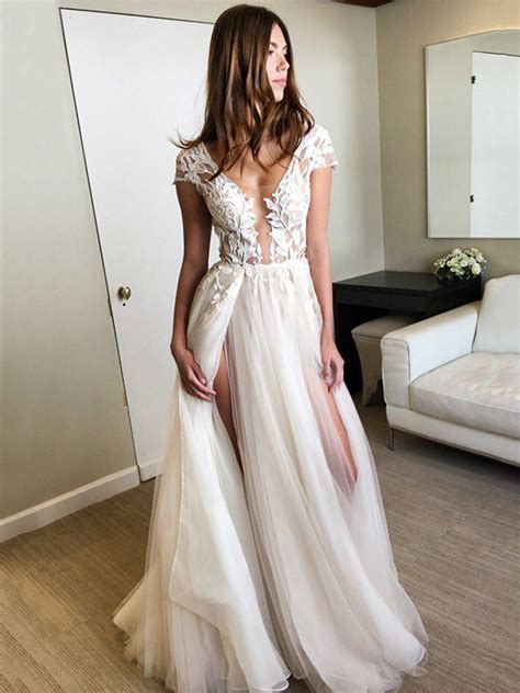 a line princess tulle prom dresses appliques lace split front v neck sleeveless floor length