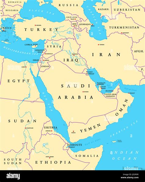 Middle East Political Map With Capitals And National Borders Stock Photo Alamy