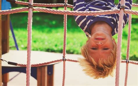 Little Boy Playing On Monkey Bars At Playground Stock Image Image Of