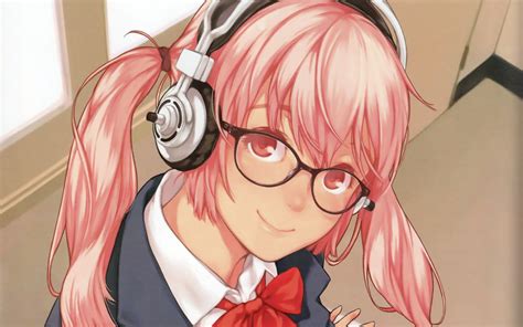 Headphones Glasses Pink Hair Red Eyes Twintails Meganekko Nitroplus