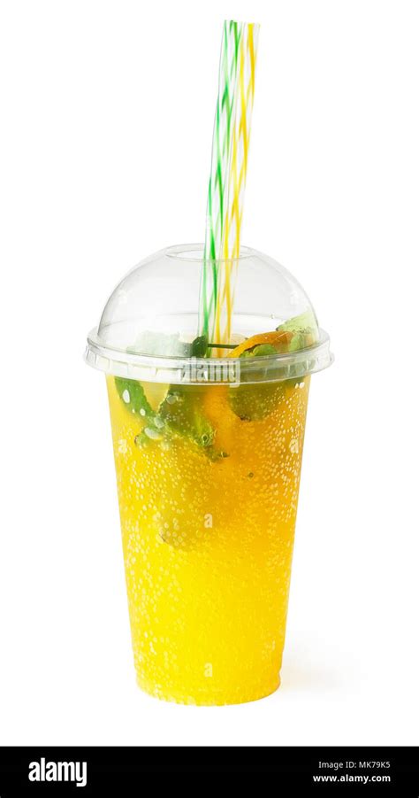 Orange Lemonade In Plastic Glass Cooling Fruit Drink With Sparkling