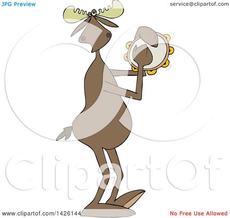 Clipart Of A Cartoon Musician Moose Playing A Tambourine Royalty Free