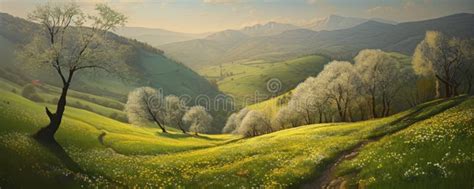 Beautiful Panoramic Landscape Of A Green Hills With Spring Flowers Ai