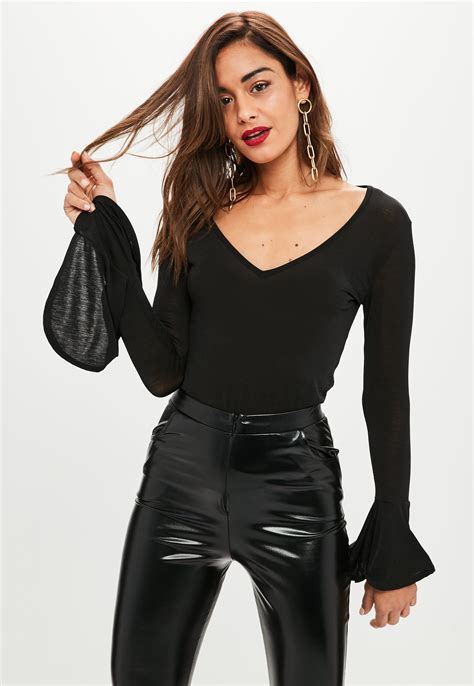 Lyst Missguided Black V Neck Flared Sleeve Top In Black