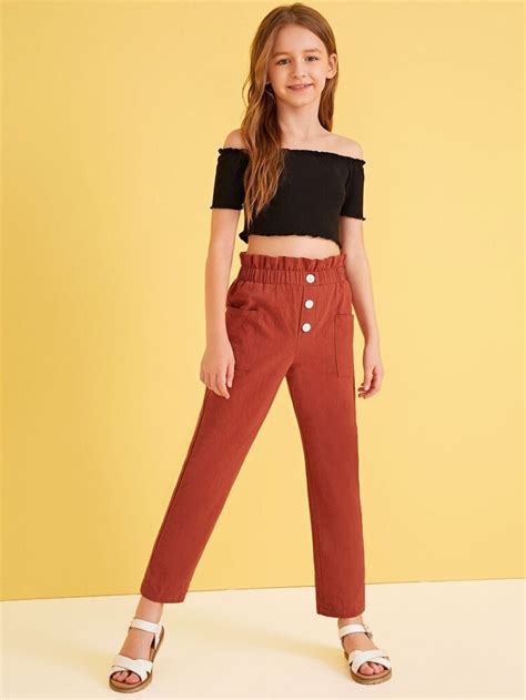 Girls Rib Knit Bardot Crop Top And Paperbag Waist Trousers