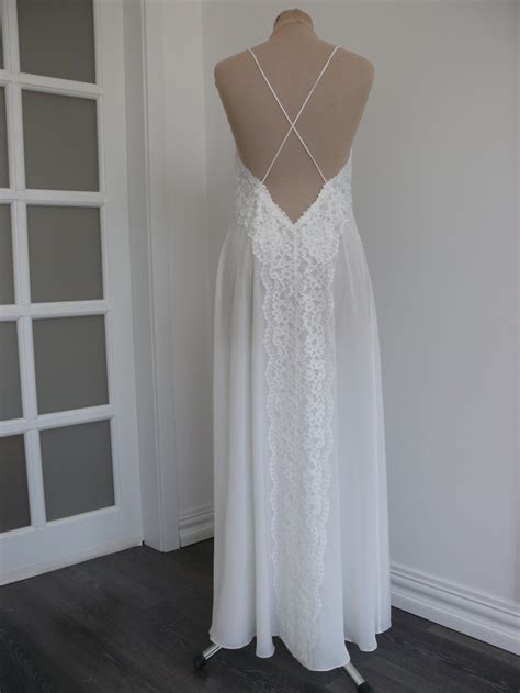 Long Silk Bridal Nightgown With Open Back And Lace Etsy