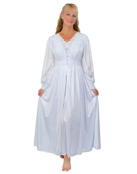Shadowline Long Nylon Nightgown And Robe Peignoir Set Lace Cap Sleeves
