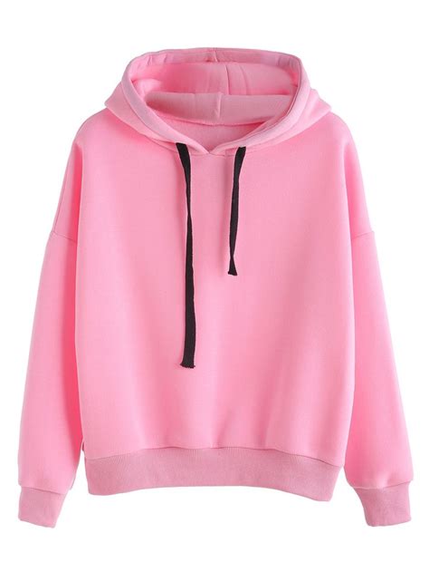 Shop Pink Hooded Sweatshirt With Drawstring In Black Online Shein