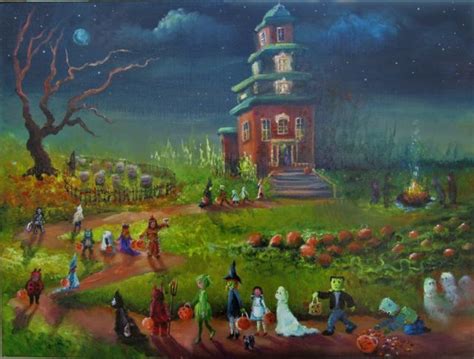 ORIGINAL Painting Lizzy FOLK ART Halloween Haunted House MOON Ghost