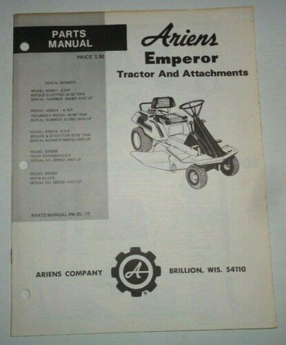 Ariens 8 Hp Emperor Riding Mower Tractor Parts Catalog Manual 1977