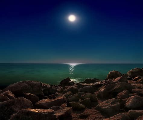 Landscape Nature Photography Rocks Sea Moon Starry Night Moonlight