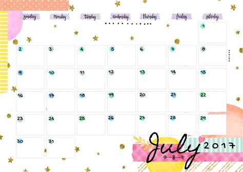 July 2017 Printable Colorful Calendar Free Download Colorful Zone