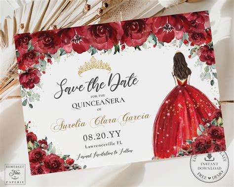 Red Floral Quinceañera Save The Date Card Instant Download Etsy