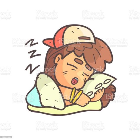Slapende Meisje In Cap Choker En Blue Top Hand Getekende Emoji Cool Geschetst Portret
