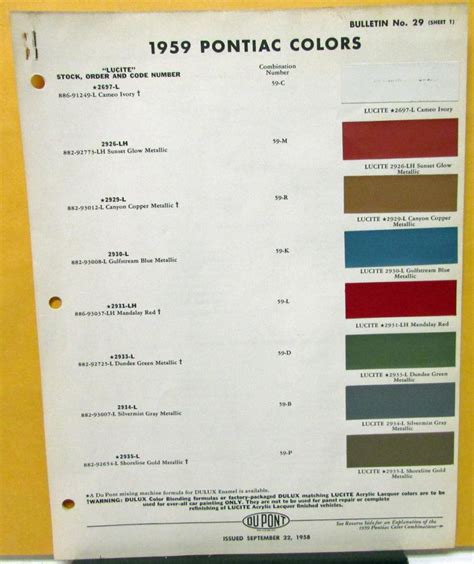 1959 Pontiac Color Paint Chips Leaflet Du Pont Bulletin 29 Original
