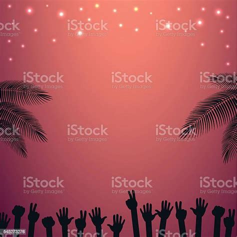 Night Party Beach Vector Background Avec Des Mains Levées Dansant
