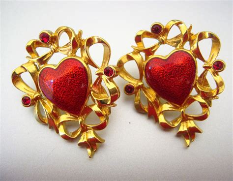 Avon Festive Heart Earring Piercedred Enamel Hearts Red Rhinestones