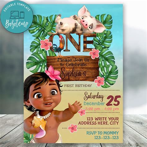 Editable Disney Princess Moana First Birthday Invitation Diy Bobotemp