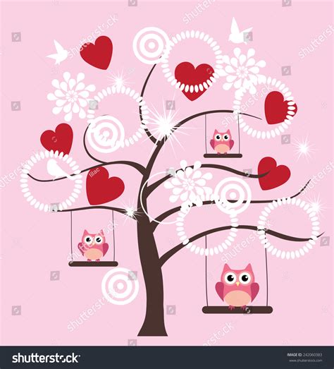 Vector Tree With Owls Swinging Red Hearts For Valentines Day 242060383 Shutterstock