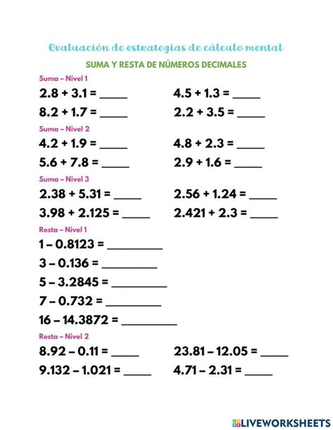 Ejercicio De Evaluaci N De C Lculo Mental De Suma Y Resta Con N Meros