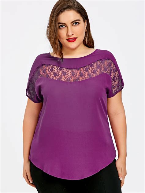 Wipalo Plus Size 5xl Lace Insert Curved Blouse Women Tops Summer Casual