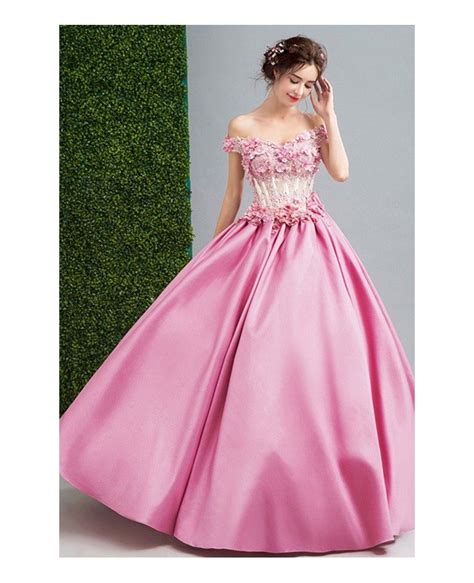 Pink Ball Gown Off The Shoulder Floor Length Satin Wedding Dress With