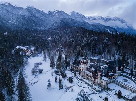 Aerial View Of Peles Castle In Winter Sinaia Romania Stock Image