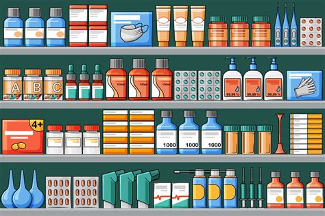 Pharmacy Shelves With Medical Medicines Cartoon Vector Illustration