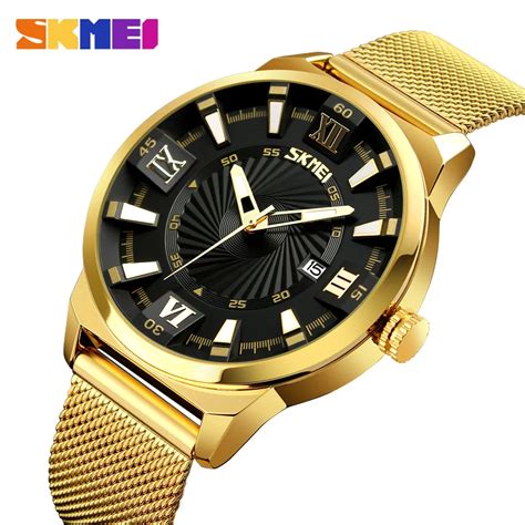 Skmei Japan Quartz Movement Male Wristwatches Luxury Golden Color Steel