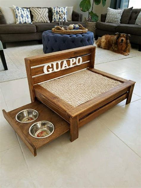 Small Rustic Wood Dog Bed With Pull Out Feeding Station Etsy Camas