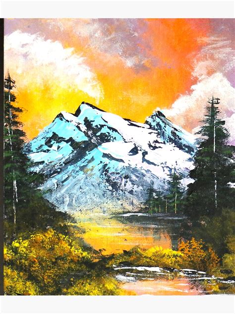 Sunset Mountain Landscape Inspired By Bob Ross Art Sticker For Sale