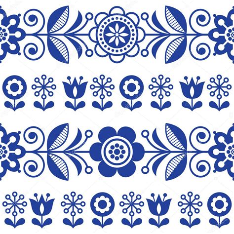 Folk Art Seamless Vector Pattern Flowers Navy Blue Floral Repetitive