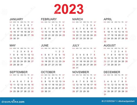 Calendar 2023 Year Week Starts On Sunday English Vector Square Wall