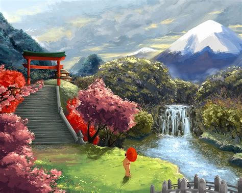 Japan Art Trees Kimono Clouds Umberlla Anime Waterfall Anime