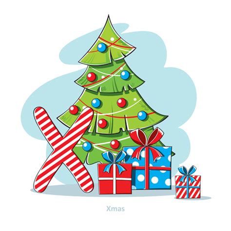 Cartoon kids running toward christmas tree. Cartoon christmas gift with xmas tree vector free download