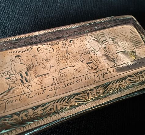 Dutch Brass And Copper Tobacco Box Engraved Biblical Scenes C1750