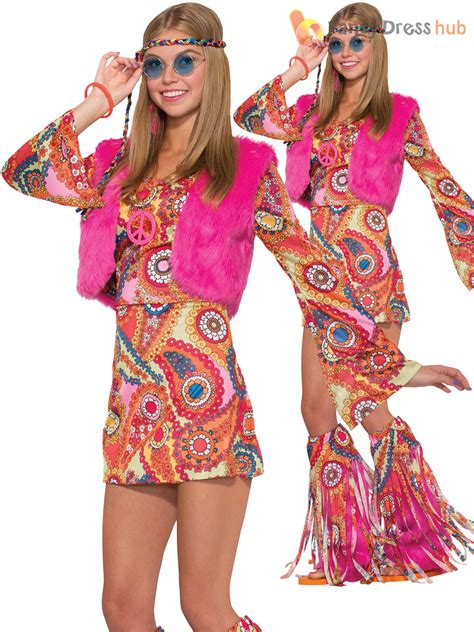 Ladies Hippy 60s 70s Groovy Costume Adult Flower Hippie Fur Fancy Dress