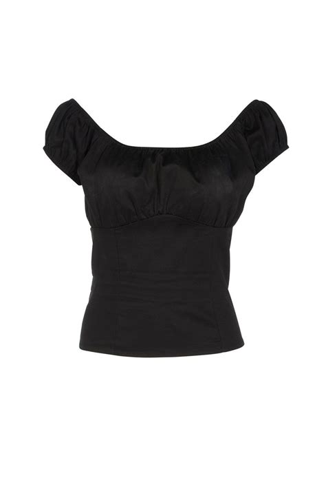 Gathered Peasant Top In Black Stretch Cotton Sateen Pinup Couture