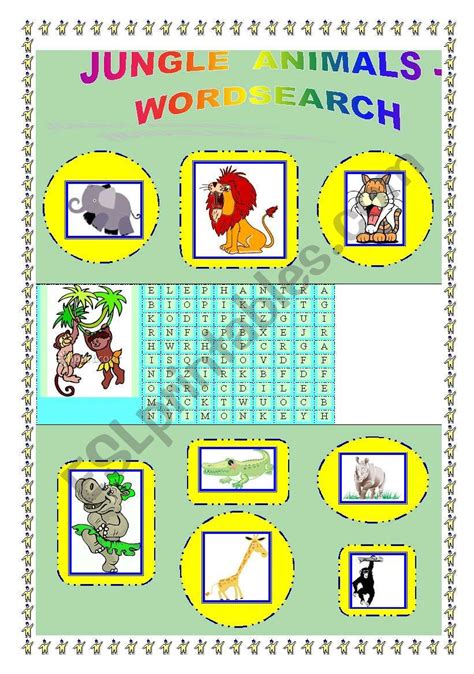English Worksheets Jungle Animals Wordsearch