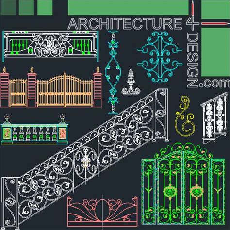 Free architectural cad drawings and blocks for download in dwg or pdf formats for use with autocad and other 2d and 3d design software. forged wrought iron, railing and gate designs , stone ...