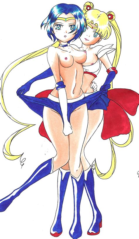 Rule 34 2girls Ami Mizuno Bishoujo Senshi Sailor Moon Blonde Hair Blue Eyes Blue Hair Boots
