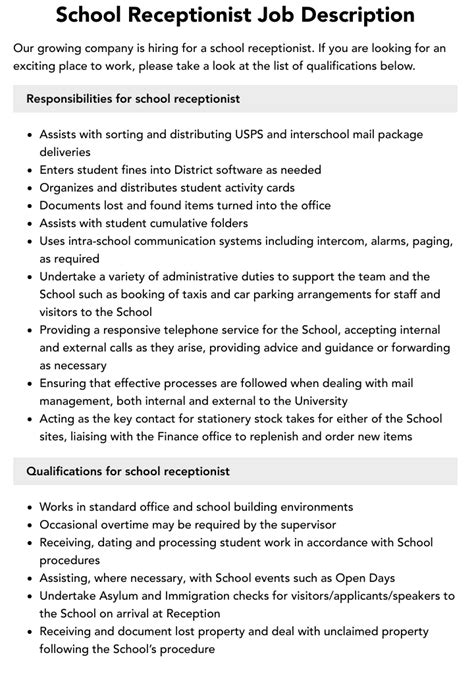 School Receptionist Job Description Velvet Jobs
